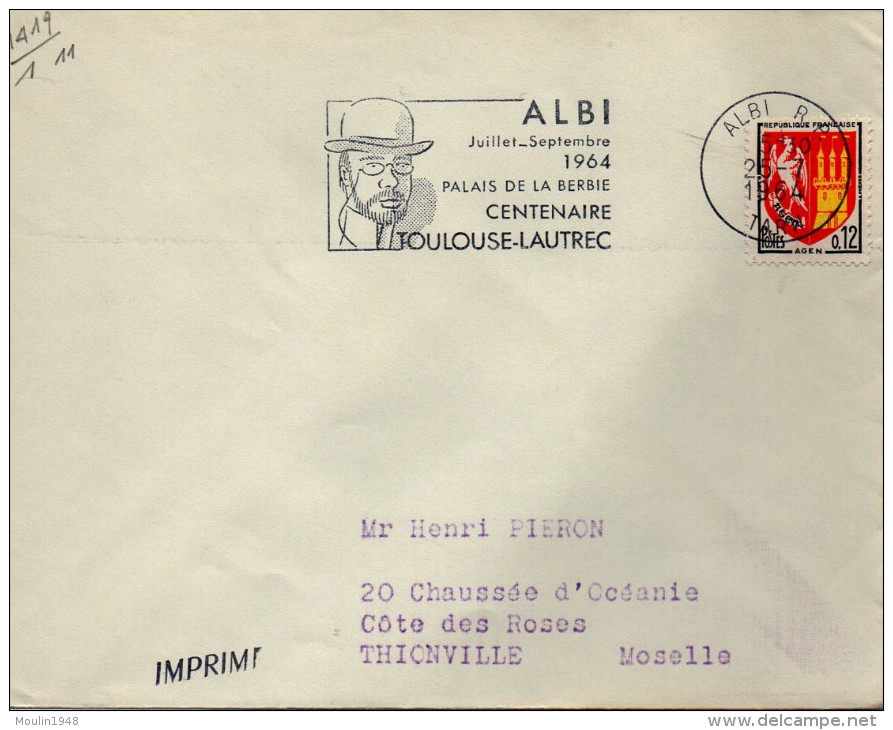 Flamme De Albi (Tarn) Du 25/7/1964 Sur Timbre Bason Agen (YT 1353A) " Palais De La Berbie Centenaire Toulouse Lautrec" - 1961-....