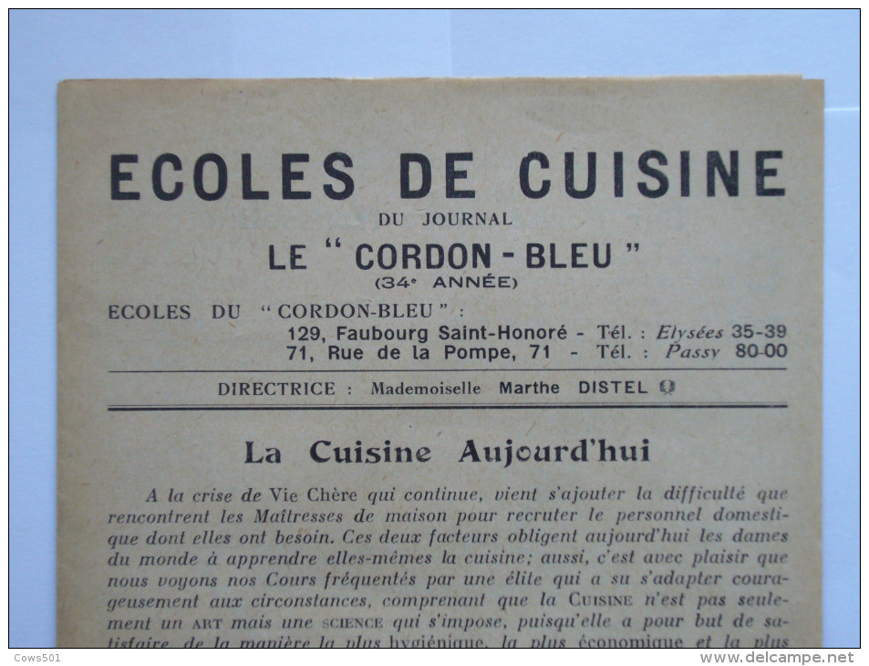 Journal ;Ecoles  De Cuisine :Le CORDON  BLEU 34 ème Année - Menus