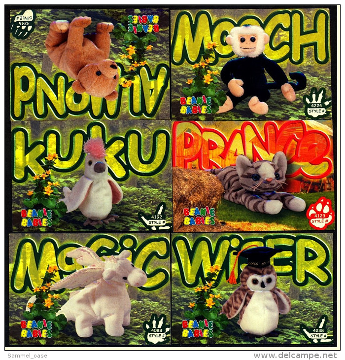 6 Beanie Babies Karten : Magic , Prance , Kuku , Mooch , Wiser , Almond - Cuddly Toys