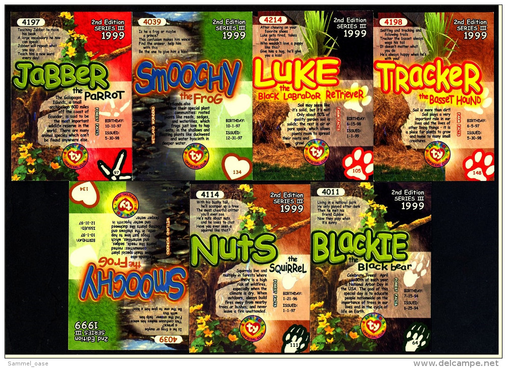 7 Beanie Babies Karten : 2 X Smoochy , Nuts , Blockie , Luke , Jabber , Tiracker - Cuddly Toys