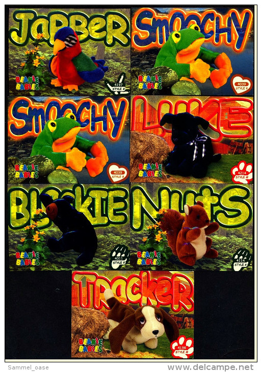 7 Beanie Babies Karten : 2 X Smoochy , Nuts , Blockie , Luke , Jabber , Tiracker - Cuddly Toys
