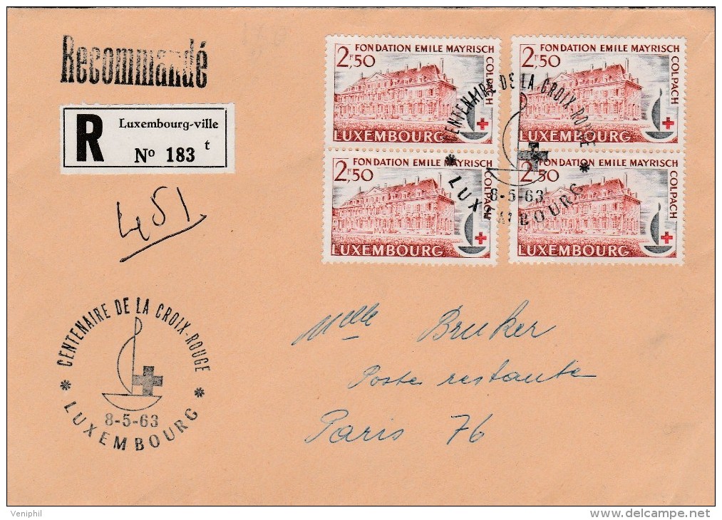 LUXEMBOURG -LETTRE RECOMMANDEE 1963-AFFRANCHIE N°632 X4 -OBLITERATION CENTENAIRE CROIX ROUGE - Other & Unclassified