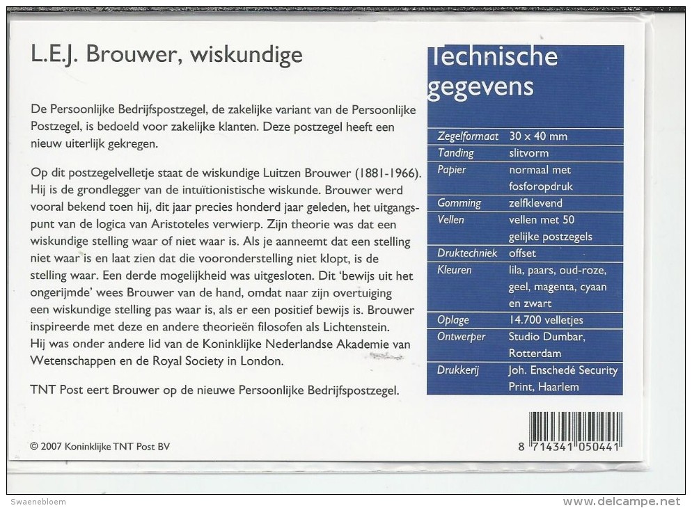 Pz.- Nederland Postfris PTT Mapje Nummer 362 - 21-09-2007 - L.E.J. Brouwer, Wiskundige. 2 Scans - Neufs