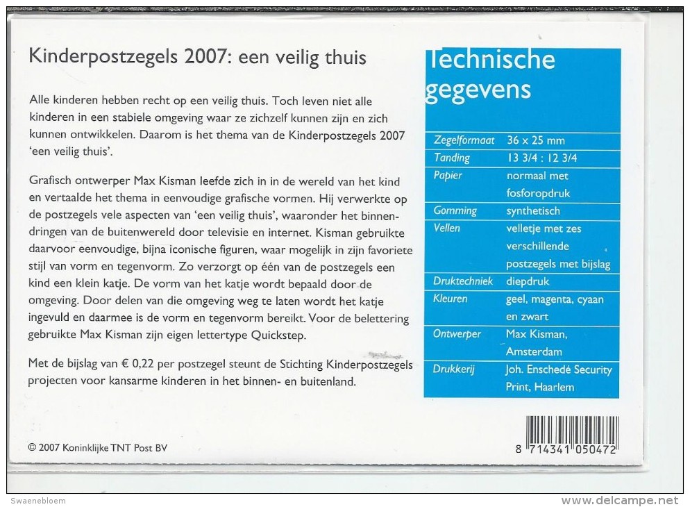 Pz.- Nederland Postfris PTT Mapje Nummer 365 - 06-11-2007 - Kinderpostzegels 2007: Een Veilig Thuis. 2 Scans - Ungebraucht