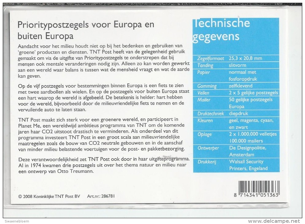 Pz.- Nederland Postfris PTT Mapje Nummer 370 - 02-01-2008 - Prioritypostzegels Voor Europa En Buiten Europa. 2 Scans - Neufs