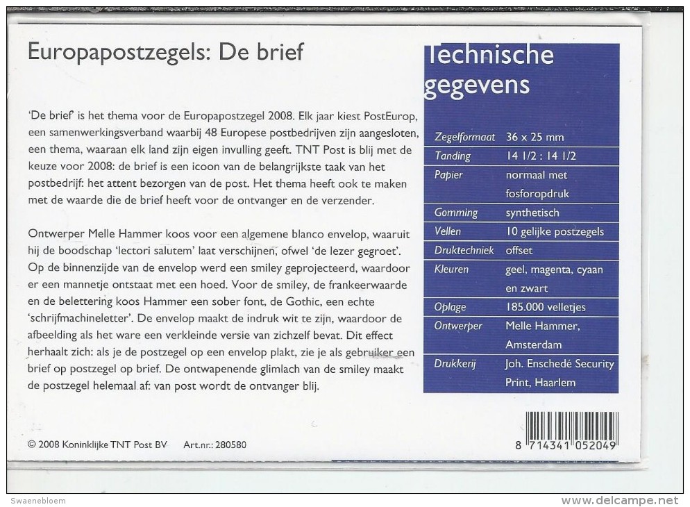 Pz.- Nederland Postfris PTT Mapje Nummer 376 - 20-05-2008 -Europapostzegels: De Brief.  2 Scans - Neufs