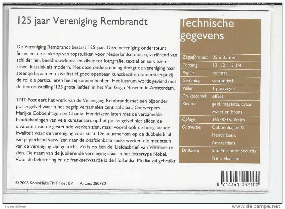 Pz.- Nederland Postfris PTT Mapje Nummer 379 - 12-06-2008 - 125 Jaar Vereniging Rembrandt. 2 Scans - Nuovi