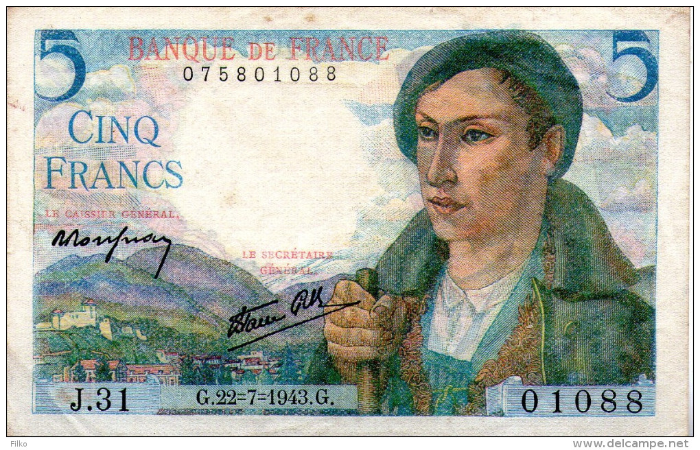 France,5 Francs Type Berger, July 22nd 1943,P.98a,Alphabet J 31,see Scan - 5 F 1943-1947 ''Berger''