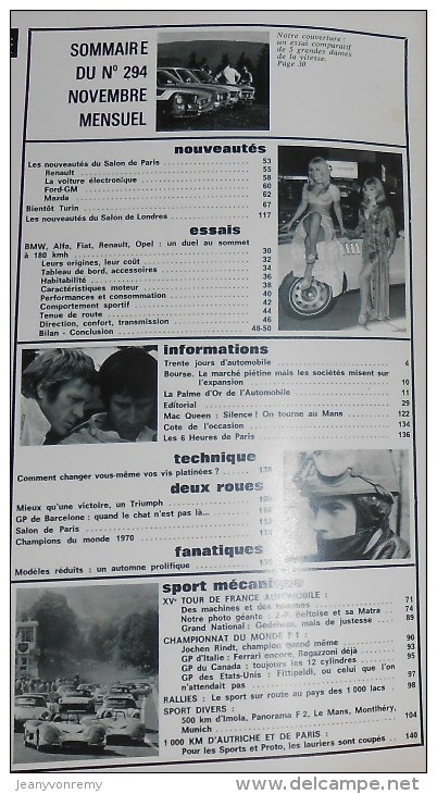 L´Automobile Sport Mécanique. N° 294. Novembre 1971. Coupé Fiat. Opel Kadett. Alfa Romeo. BMW. Renault 12 Gordini. - Sport