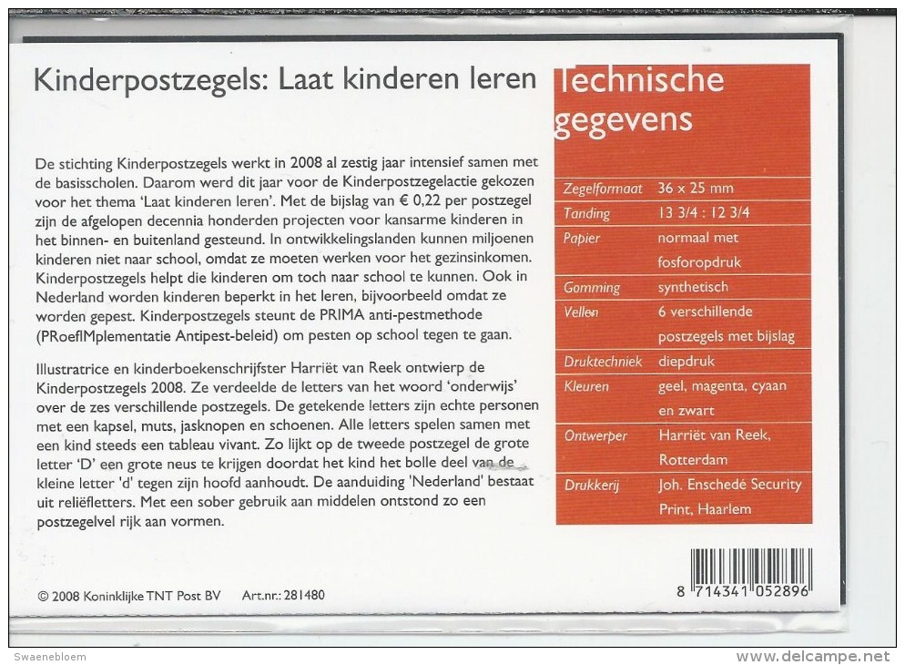 Pz.- Nederland Postfris PTT Mapje Nummer 385 - 04-11-2008 - Kinderpostzegels: Laat Kinderen Leren. 2 Scans - Nuevos