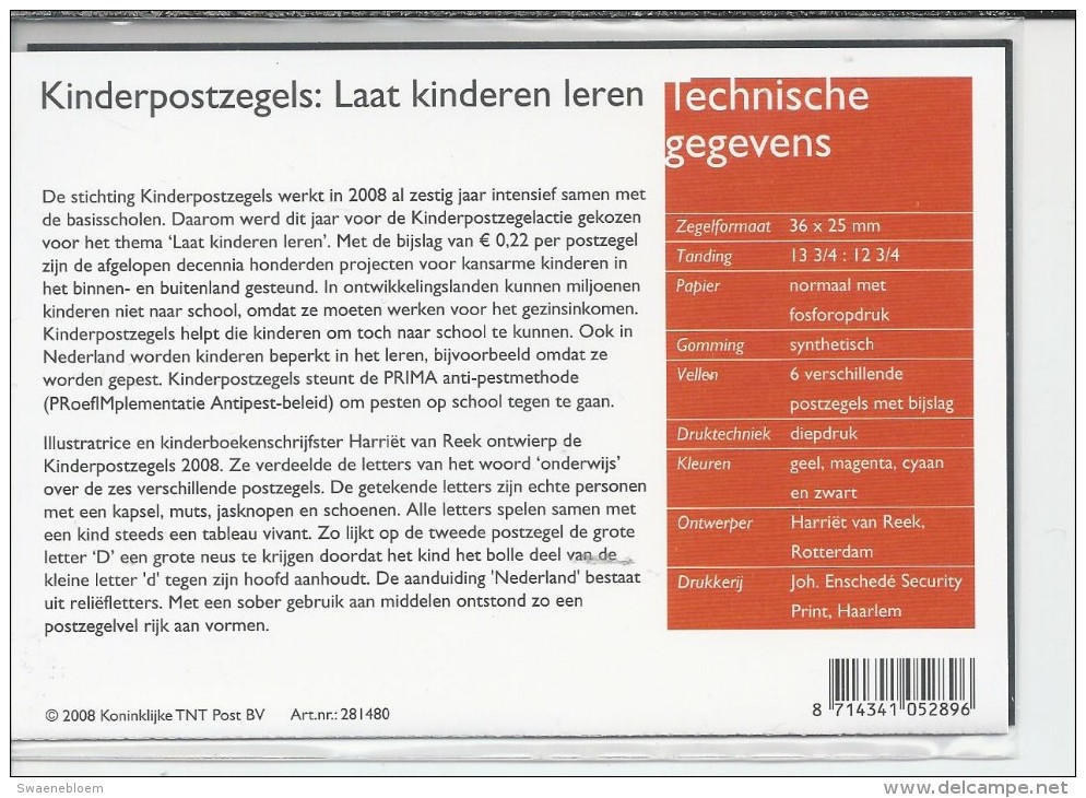 Pz.- Nederland Postfris PTT Mapje Nummer 385 - 04-11-2008 - Kinderpostzegels: Laat Kinderen Leren. 2 Scans - Nuovi