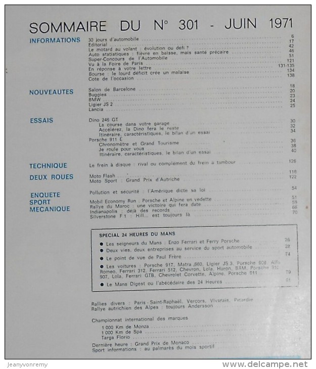L´Automobile Sport Mécanique. N° 301. Juin 1971. 24 Heures Du Mans. Ferrari. Porsche. - Sport