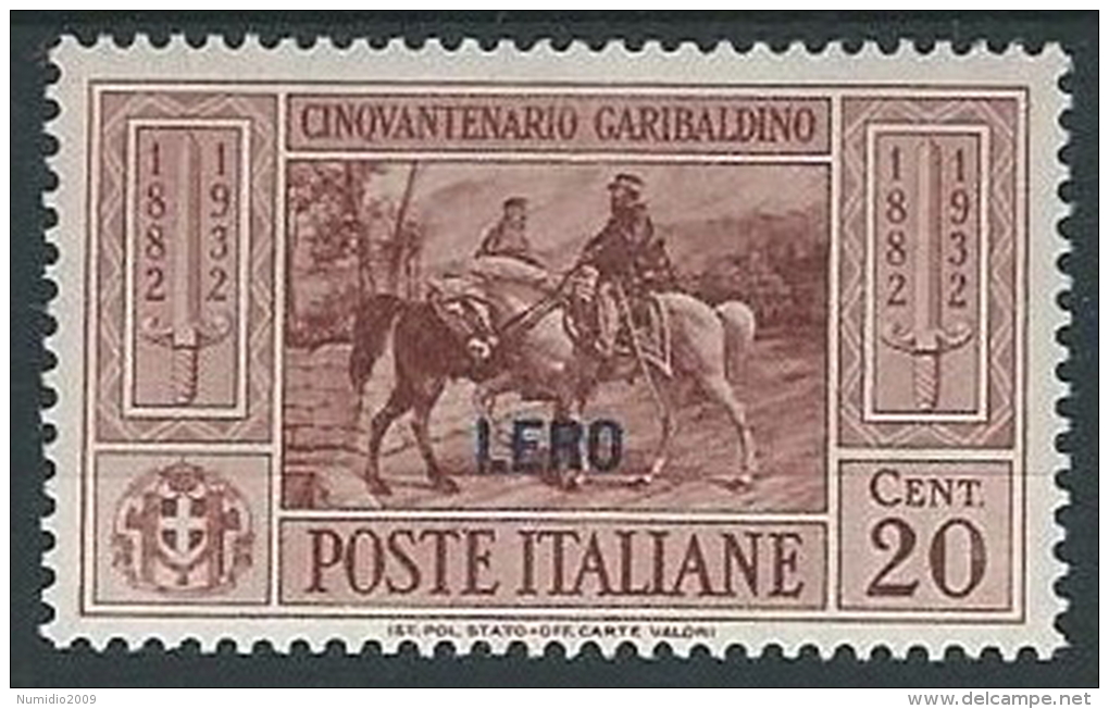 1932 EGEO LERO GARIBALDI 20 CENT MH * - G035 - Egée (Lero)