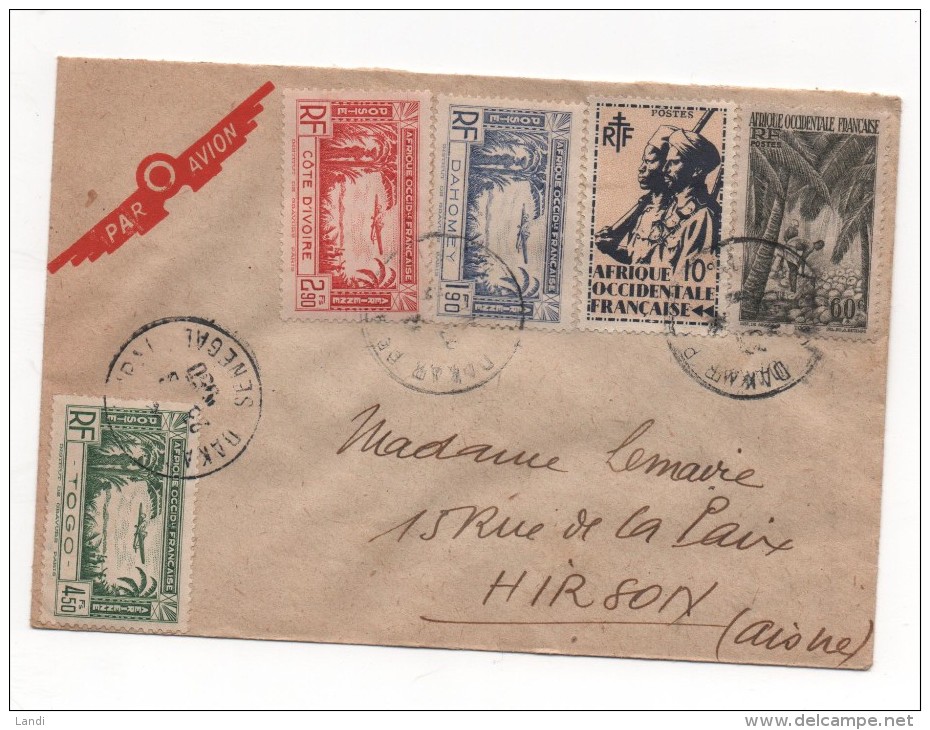 Enveloppe Par Avion Du SENEGAL DE 1950 (avec Timbre Du Dahomey,cote D´ivoire, Afrique Occidentale Et Togo) - Flugzeuge