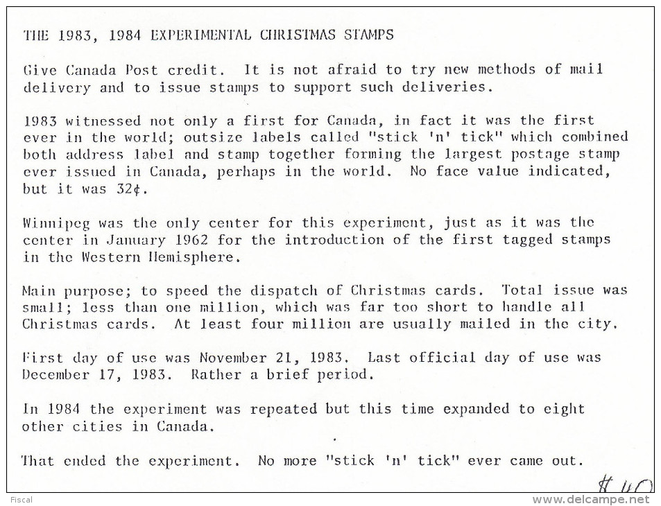 Experimental Christmas Stamps 1983/84, Stick N Tick, Winnipeg - Lettres & Documents