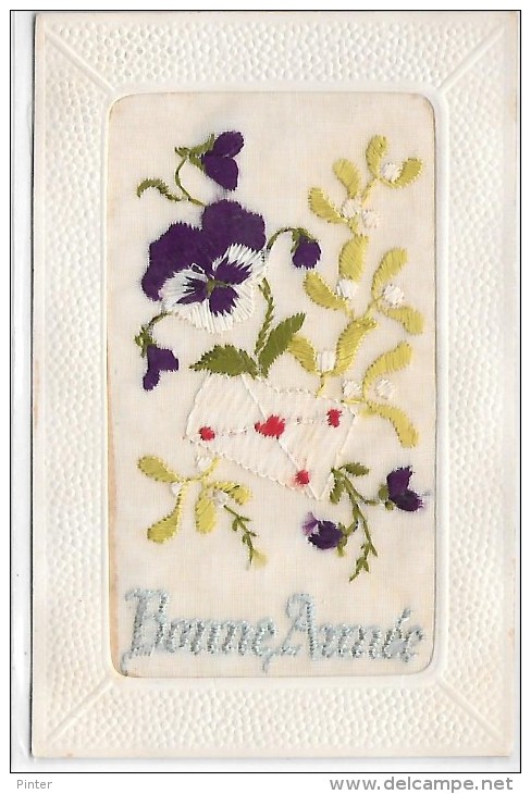 CARTE BRODEE - Fleurs - Pensées - Bonne Année - Brodées