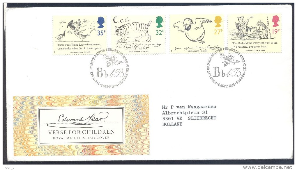 UK England 1988 FDC Cover: Fauna Animals: Owl Eule Cat Katze Chat Tiger Birds; Bees Cancellation - Gatti