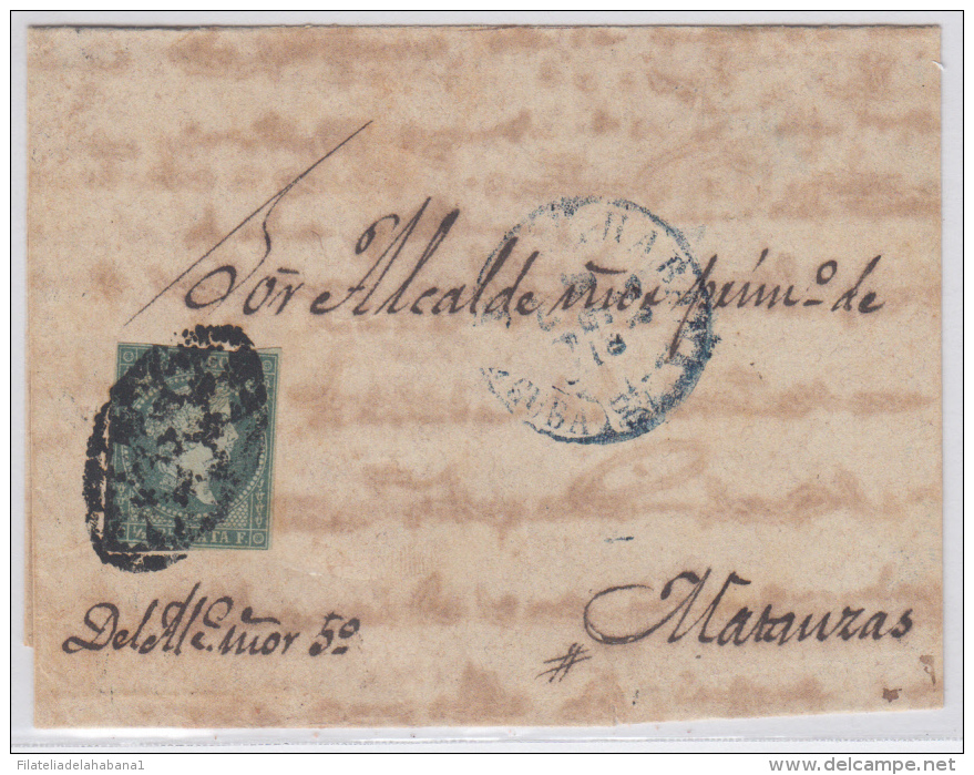 1855-H-28.* CUBA ESPAÑA SPAIN. ISABEL II. 1855. Ed.Ant.1. SOBRE &frac12; R. MARCA PREFILATELIA STAMPLESS BAEZA HABANA AZ - Prefilatelia