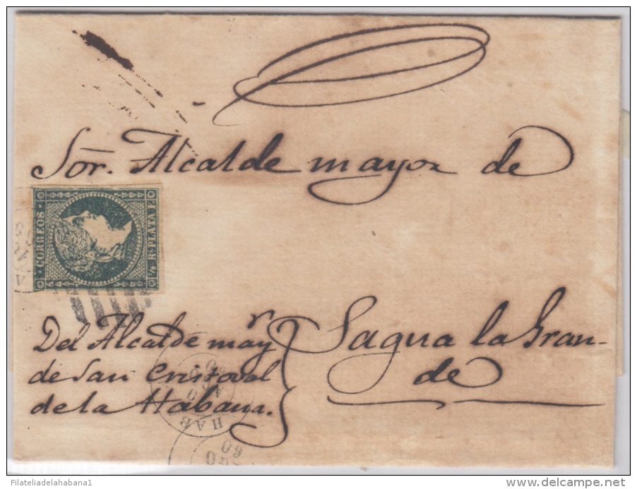 1856-H-20.* CUBA ESPAÑA SPAIN. ISABEL II. 1856. Ed.Ant.4. SOBRE &frac12; R. MARCA PARRILA DE LINEAS GRUESAS. 1860. - Prefilatelia