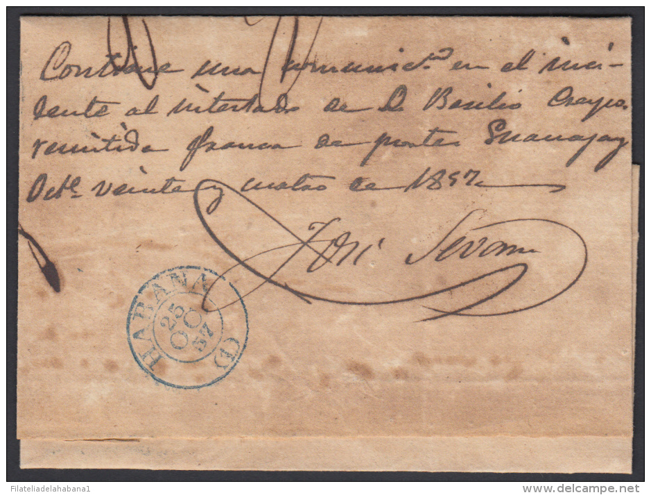 1856-H-21.* CUBA ESPAÑA SPAIN. ISABEL II. 1856. Ed.Ant.4. SOBRE &frac12; R. MARCA PREFILATELIA STAMPLESS BAEZA GUANAJAY - Voorfilatelie