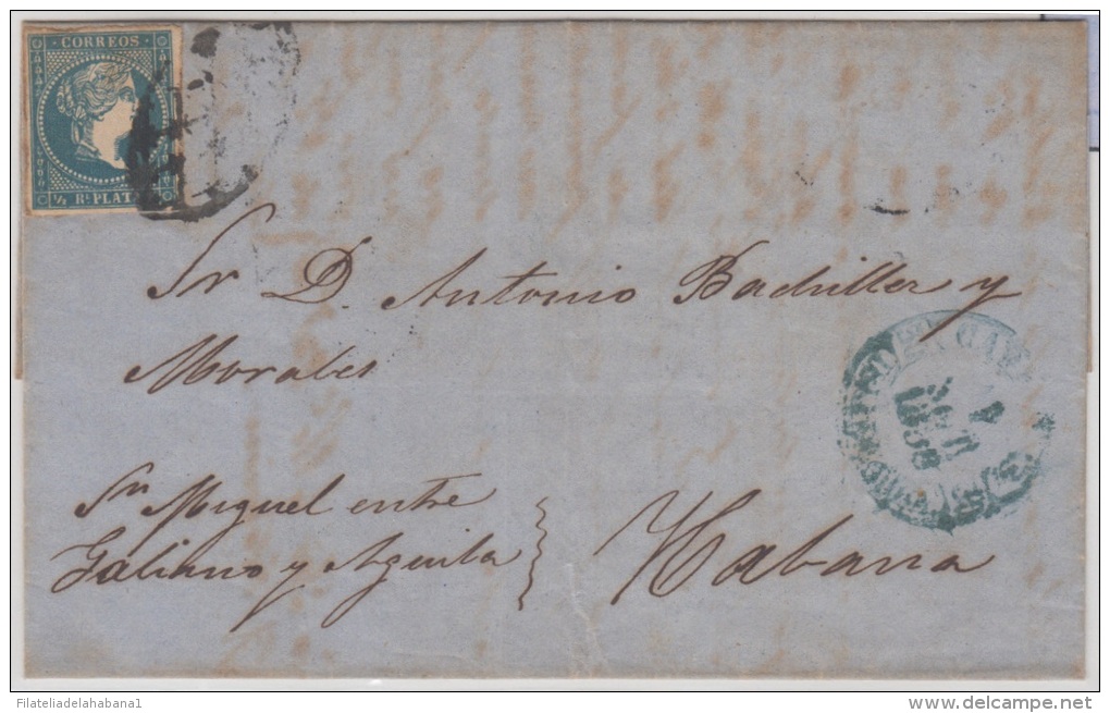 1857-H-110.* CUBA ESPAÑA SPAIN. ISABEL II. 1857. Ed.Ant.7. SOBRE &frac12; R. MARCA PREFILATELIA STAMPLESS CARDENAS. A AN - Voorfilatelie