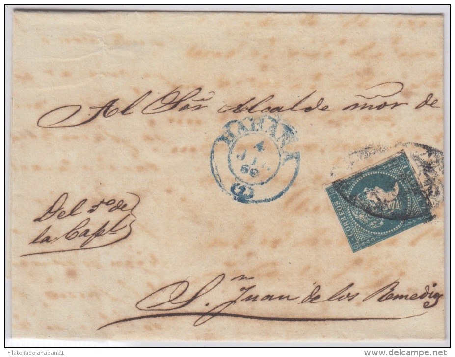 1857-H-117.* CUBA ESPAÑA SPAIN. ISABEL II. 1857. Ed.Ant.7. SOBRE &frac12; R. MARCA HABANA TIPO III (1) AZUL. 1858. - Vorphilatelie