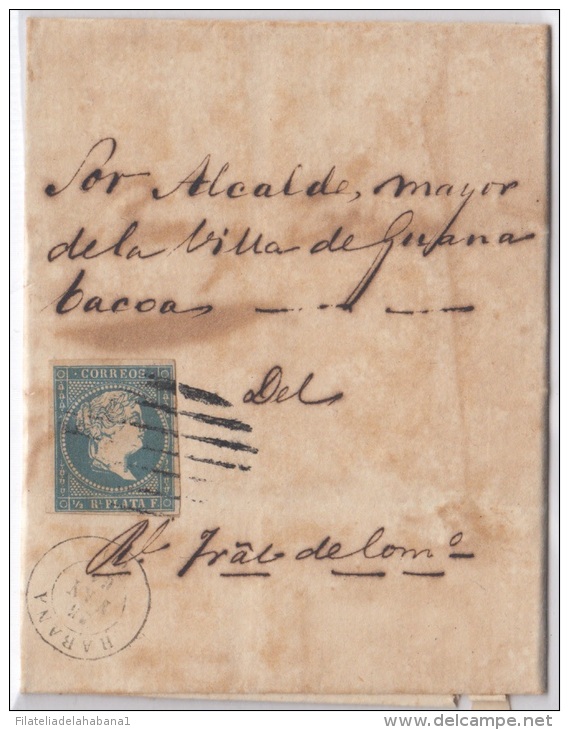 1857-H-120.* CUBA ESPAÑA SPAIN. ISABEL II. 1857. Ed.Ant.7. SOBRE &frac12; R. MARCA HABANA Y PARRILLA DE 7 LINEAS. 1861 - Prefilatelia