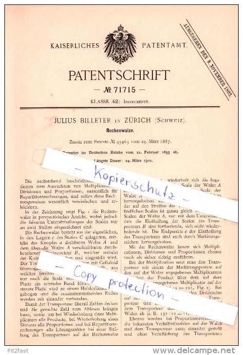 Original Patent   - Julius Billeter In Zürich , Schweiz , 1893 , Rechenwalze , Mathematik , Unterricht , Schule !!! - Historische Dokumente