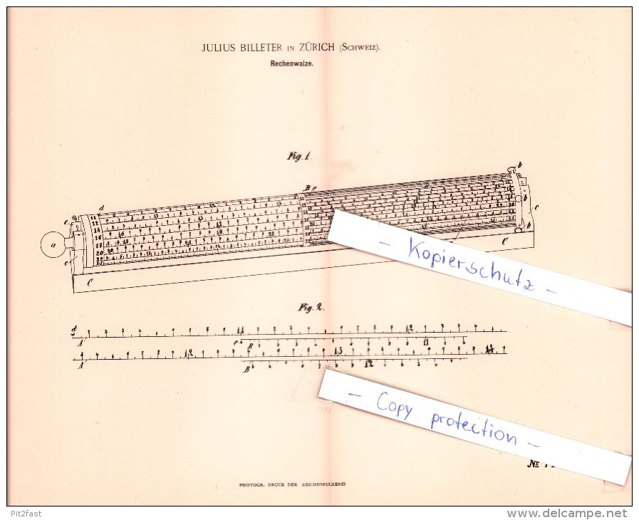 Original Patent   - Julius Billeter In Zürich , Schweiz , 1893 , Rechenwalze , Mathematik , Unterricht , Schule !!! - Historische Dokumente