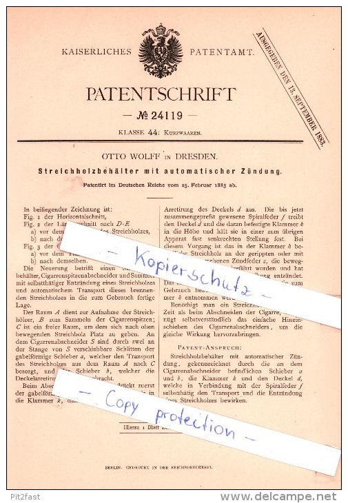 Original Patent   - O. Wolff In Dresden , 1883 , Streichholzbehälter Mit Automatischer Zündung , Streichholzschachtel !! - Zündholzschachteln