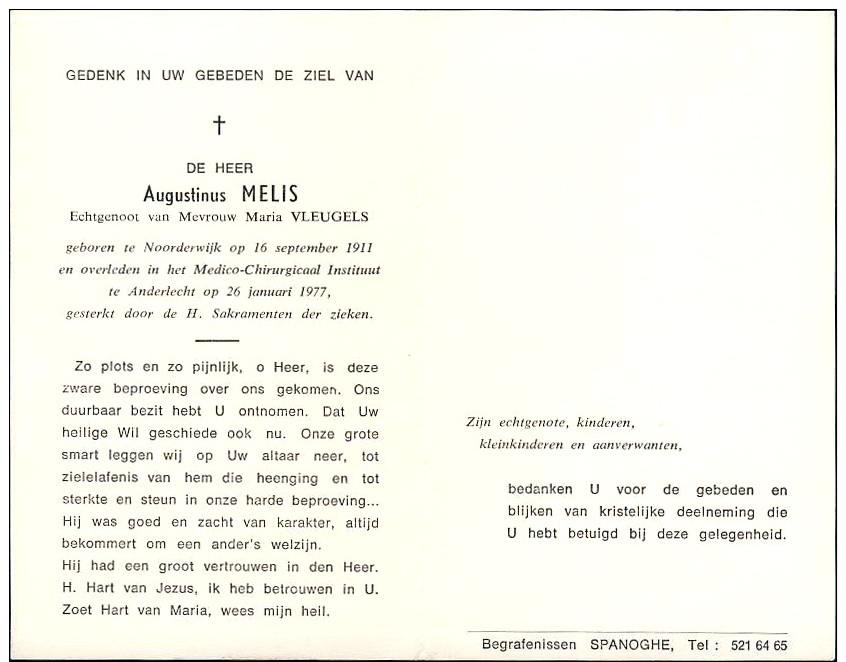 Augustinus  Melis  Noorderwijk  1911  Anderlecht  1977   Vleugels - Décès