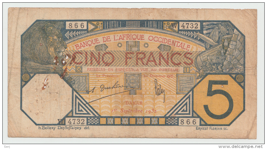 FRENCH WEST AFRICA 5 FRANCS 1932 G-VG PICK 5Bf  5B F - Otros – Africa