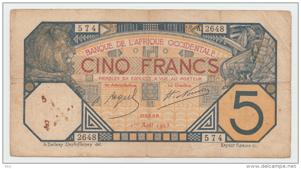 FRENCH WEST AFRICA 5 FRANCS 1925 G-VG PICK 5Bc  5B C - Andere - Afrika