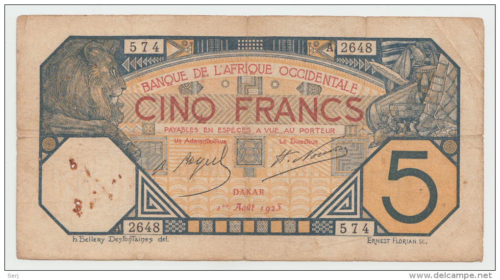 FRENCH WEST AFRICA 5 FRANCS 1925 G-VG PICK 5Bc  5B C - Otros – Africa