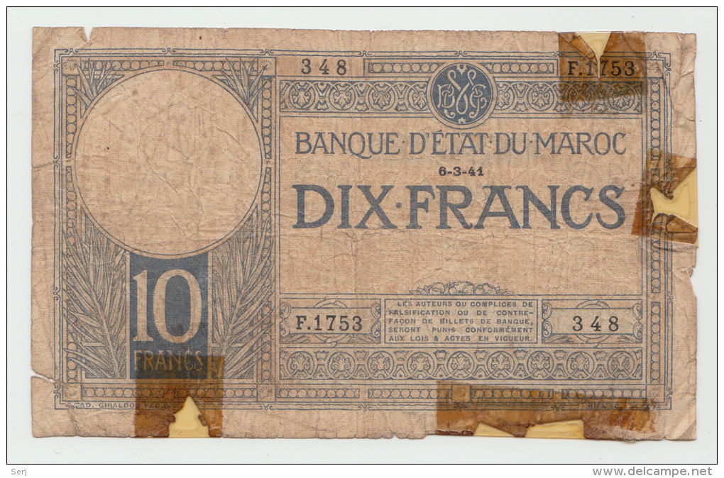 Morocco 10 Francs 6-3-1941 VG (tape) RARE Banknote P 17b 17 B - Marokko