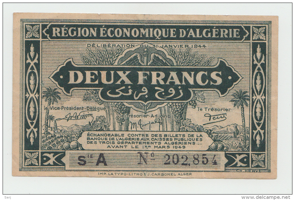 Algeria ALGERIE 2 FRANCS L 1944 VF++ P 99a 99 A - Algeria