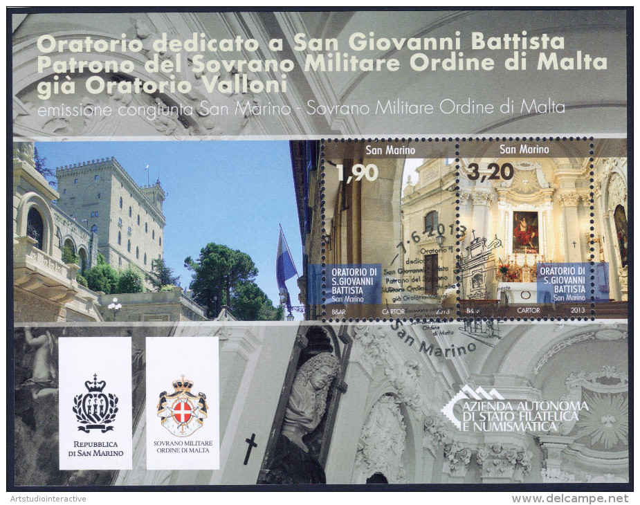 2013 SAN MARINO "ORATORIO SAN GIOVANNI BATTISTA" CONGIUNTA SMOM FOGLIETTO ANNULLO PRIMO GIORNO - Used Stamps