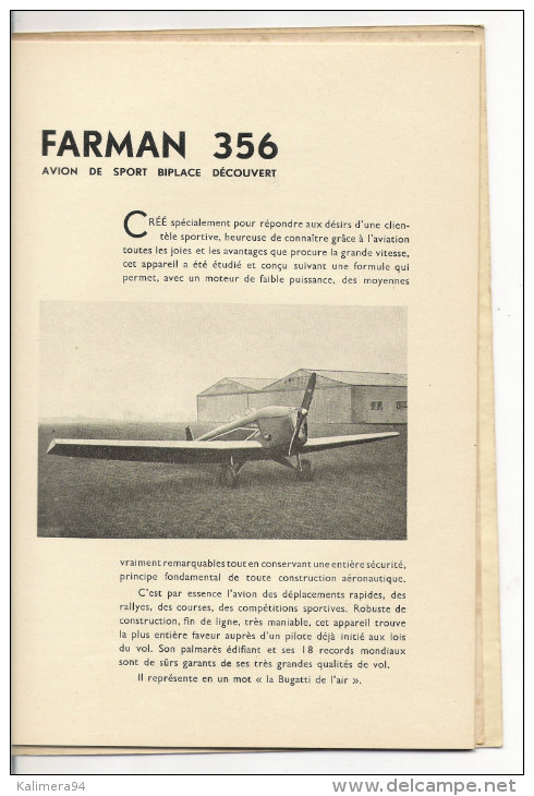 CATALOGUE des avions FARMAN de 1932  ( modèles 360 + 356 + 355 + 400 + 390 + 202 + 190 ) avec TARIFS ( photos MICHAUD )