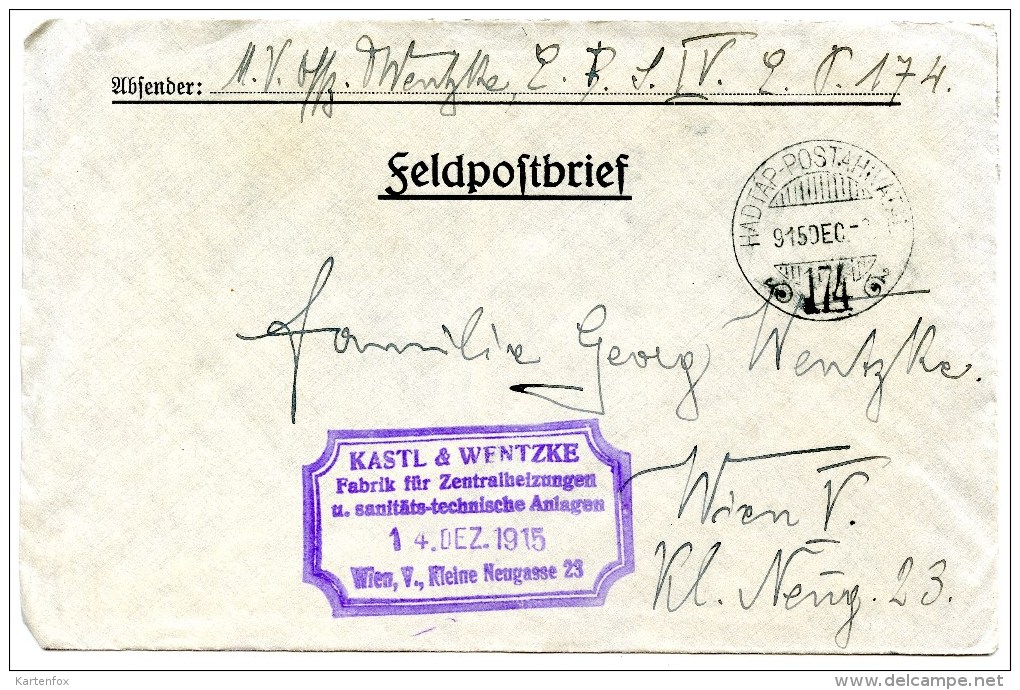 K.u.k.Feldpost, Hadtap Postahivata 174, 8.12.1915, An Wien 14.12.1915, Free Mail, Soldier - 1914-18