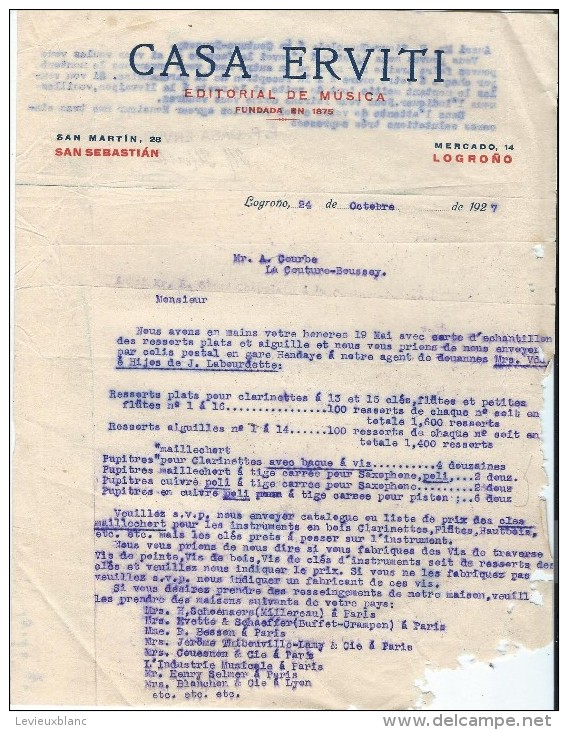 Commande/Fabrique D´Instruments De Musique/Casa ERVITI/San Sebastian/Esp/ Courbe/La Couture Boussey/Eure/ 1927  PART117 - Autres & Non Classés