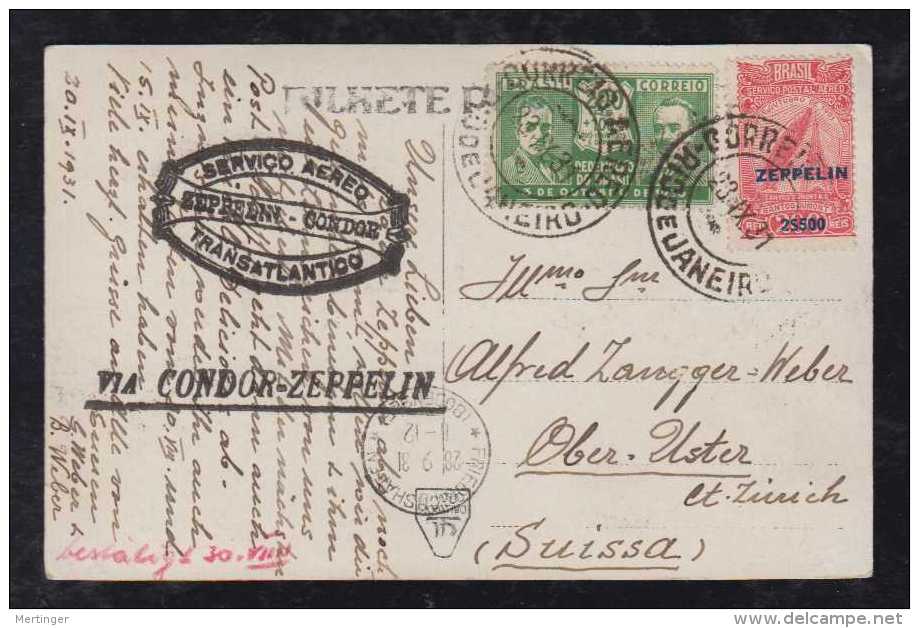 Brazil Brasil 1931 Zeppelin Postcard To OBER USTER Switzerland - Poste Aérienne (Compagnies Privées)