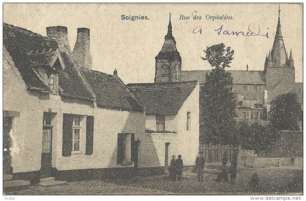 Soignies.   Rue Des Orphelins;  (linkerkant Licht Gekrapt!)  Prachtige Kaart  Van  Thulin  1900  Naar  Soignies - Soignies