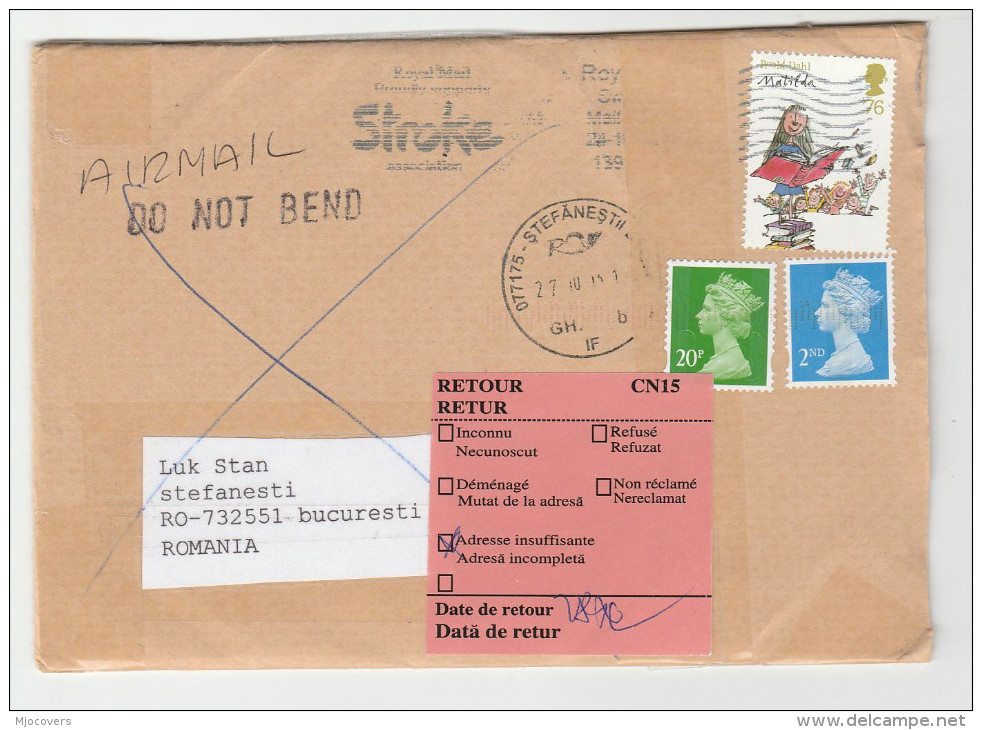 2014 GB  To ROMANIA With ROMANIAN POST LABEL Stafanesti RETURNED TO SENDER Stamps Cover - Covers & Documents