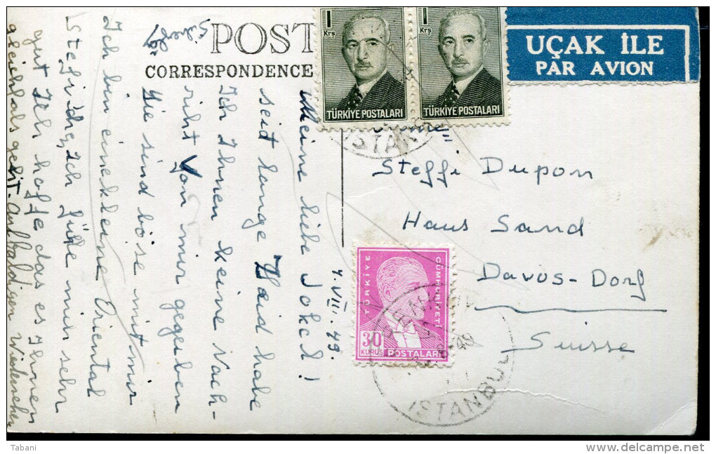 TURKEY 1949 MIXED FRANKING AIR MAIL POSTCARD TO DAVOS ...NICE STAMPS... - Storia Postale