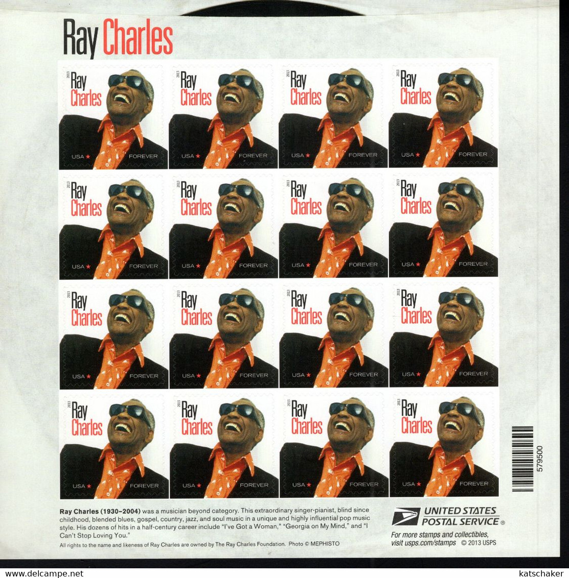 292125144 2013 (XX) SCOTT 4807  POSTFRIS MINT NEVER HINGED POSTFRISCH EINWANDFREI - MUSIC ICONS - RAY CHARLES PANE OF 16 - Ongebruikt