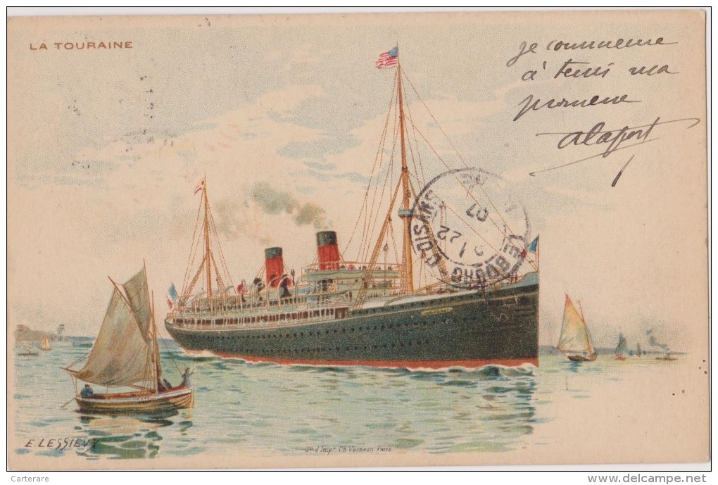 Cpa,1907,,la Touraine Par Lessieux,transport,bateau ,tampon,rare - Dampfer