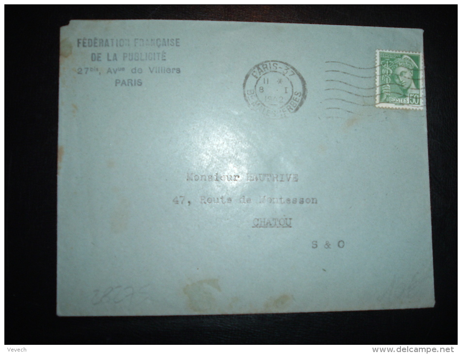 LETTRE TP MERCURE 50C OBL.MEC. 8 I 1942 PARIS 37 (75) - 1938-42 Mercure