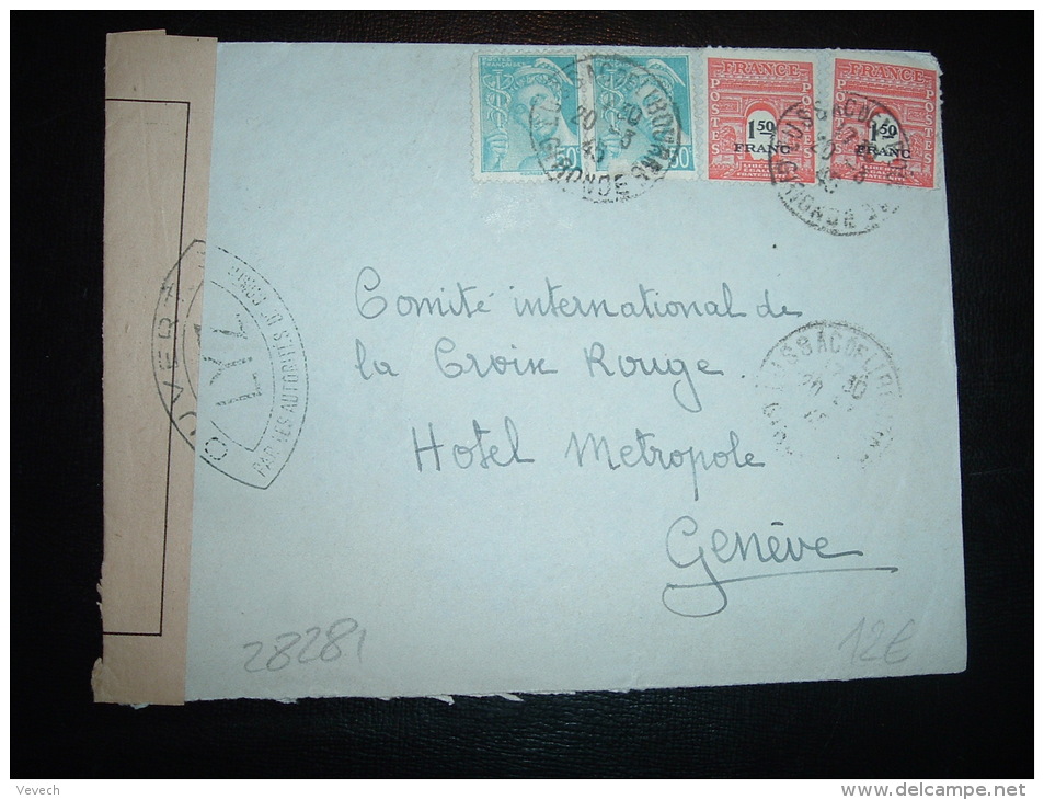 LETTRE POUR LA SUISSE TP ARC DE TRIOMPHE 1F50 X2 + MERCURE 50C X2 OBL. 20-3-45 LUSSAC DE LIBOURNE GIRONDE (33) + CENSURE - 1944-45 Triomfboog