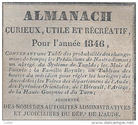 1846 Calendrier Almanach Curieux Utile Et Récréatif Imp Pierre Polere Carcassonne  Foires Aude Du 09 -31-34- 81 & 66 - Petit Format : ...-1900