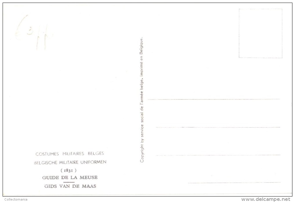 21 cartes postales ARMEE Belge COSTUMES 15cmX10cm J. DEMART  ill. 1950 UNIFORMES MILITAIRES tres bonne état PHOBEL Brux.